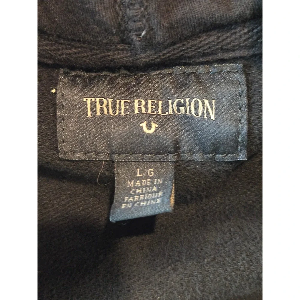 True Religion Hoodie Mens Large Black Coated Waxed Full Zip Horseshoe Logo Moto